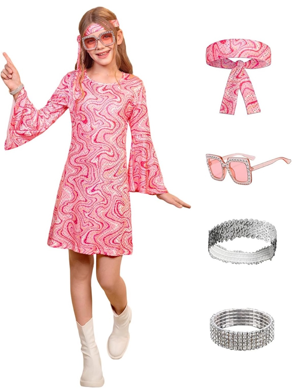 Pink Swirl Kids Dress & Accessories Set - 70s Retro Look
